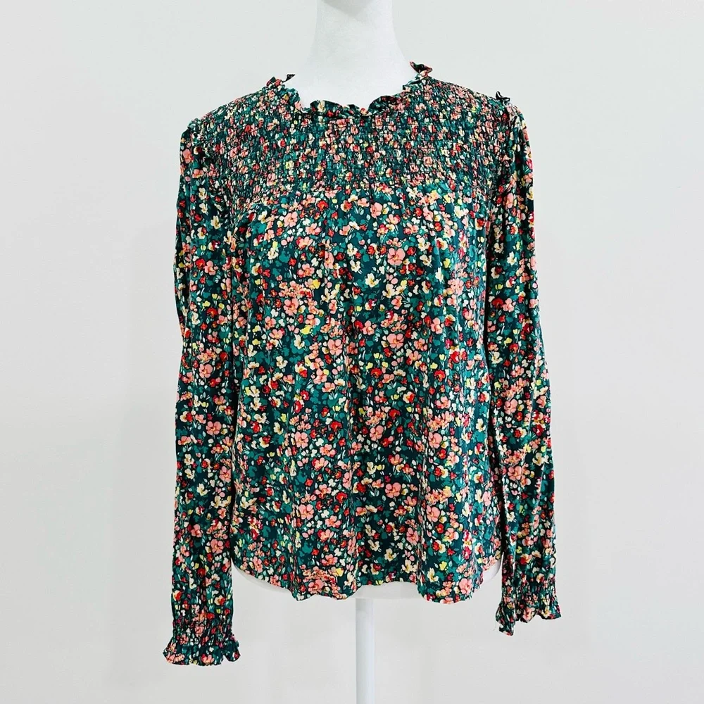 J. Crew Factory Smocked Ruffleneck‎ Top Small Viscose Multicolor